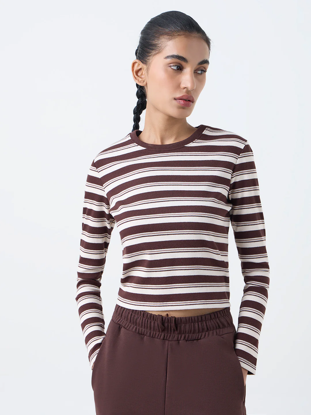 Studiofit Dark Brown Striped Cotton-Blend T-Shirt