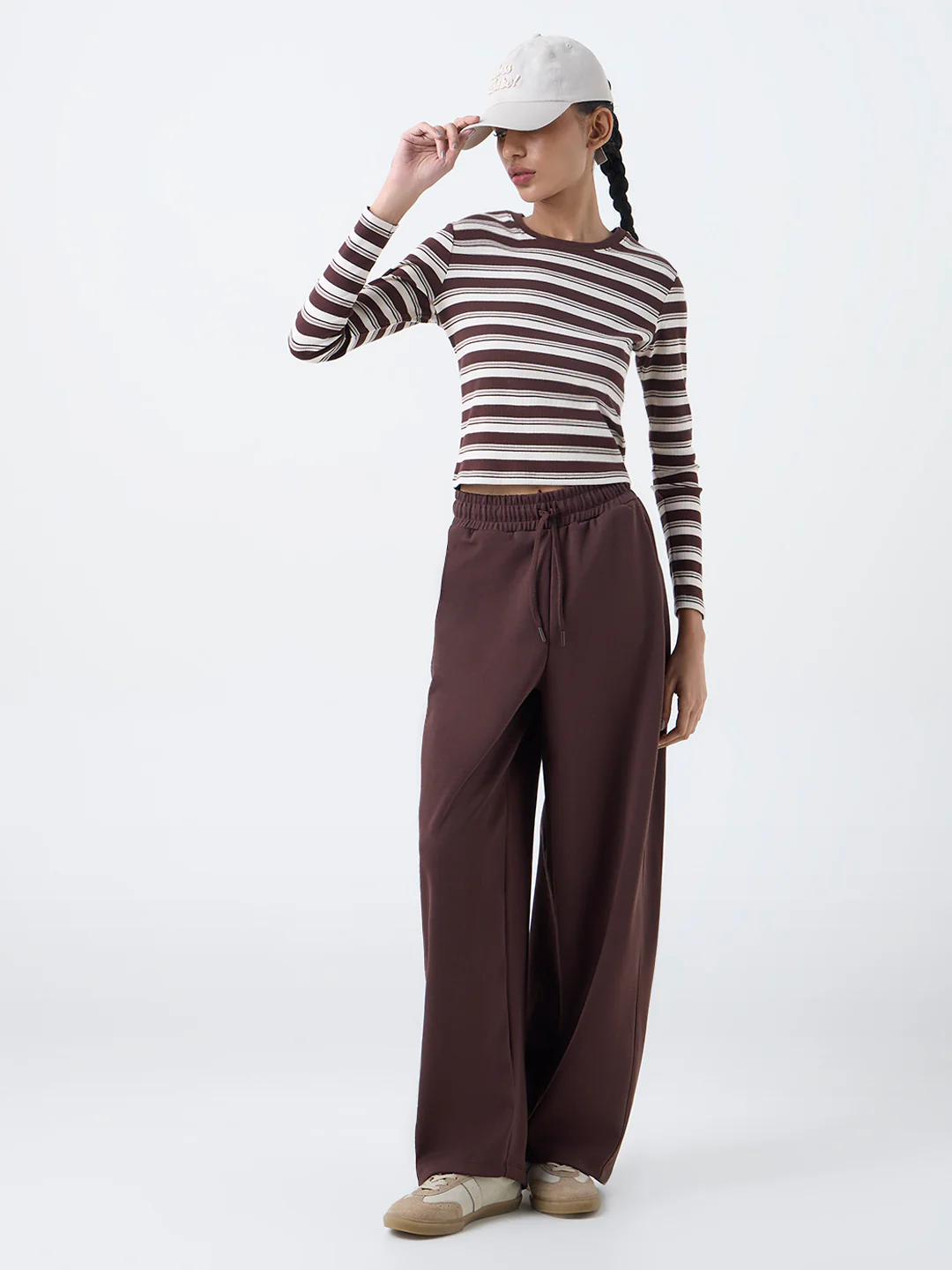 Studiofit Dark Brown Striped Cotton-Blend T-Shirt - Image 2