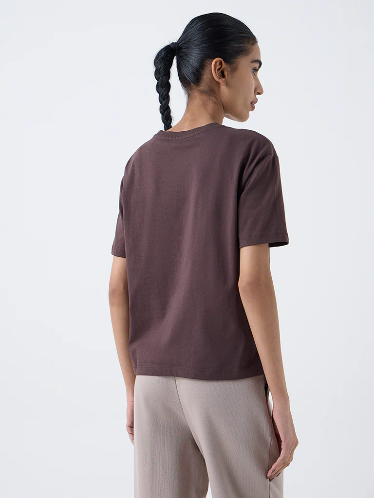 Studiofit Dark Brown Text Printed Cotton-Blend T-Shirt - Image 4