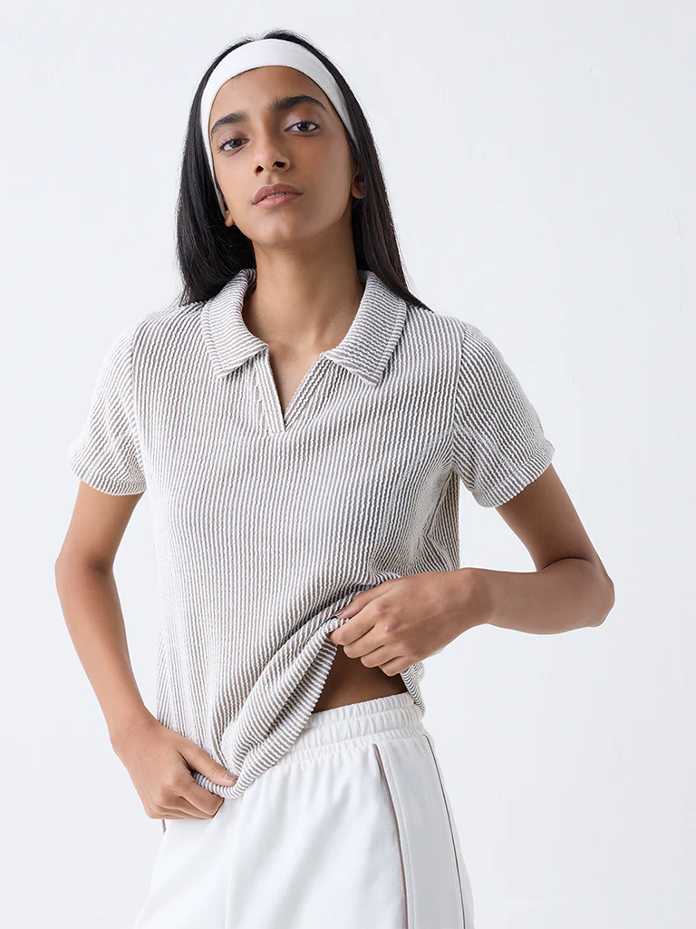 Studiofit Dark Brown Textured Cotton-Blend T-Shirt - Image 2