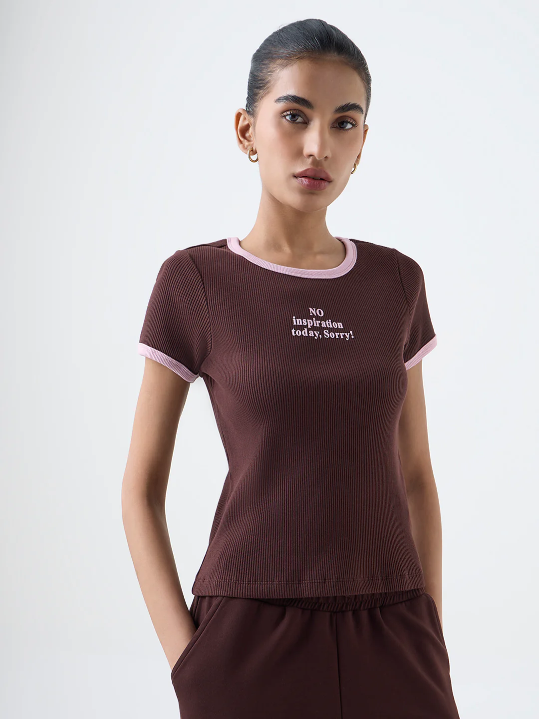 Studiofit Dark Brown Typographic Cotton-Blend T-Shirt