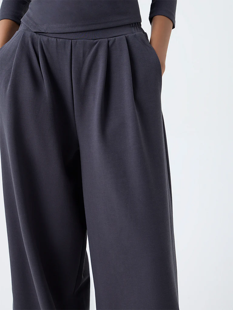 Studiofit Dark Grey Solid High-Rise Flared Pants - Image 3