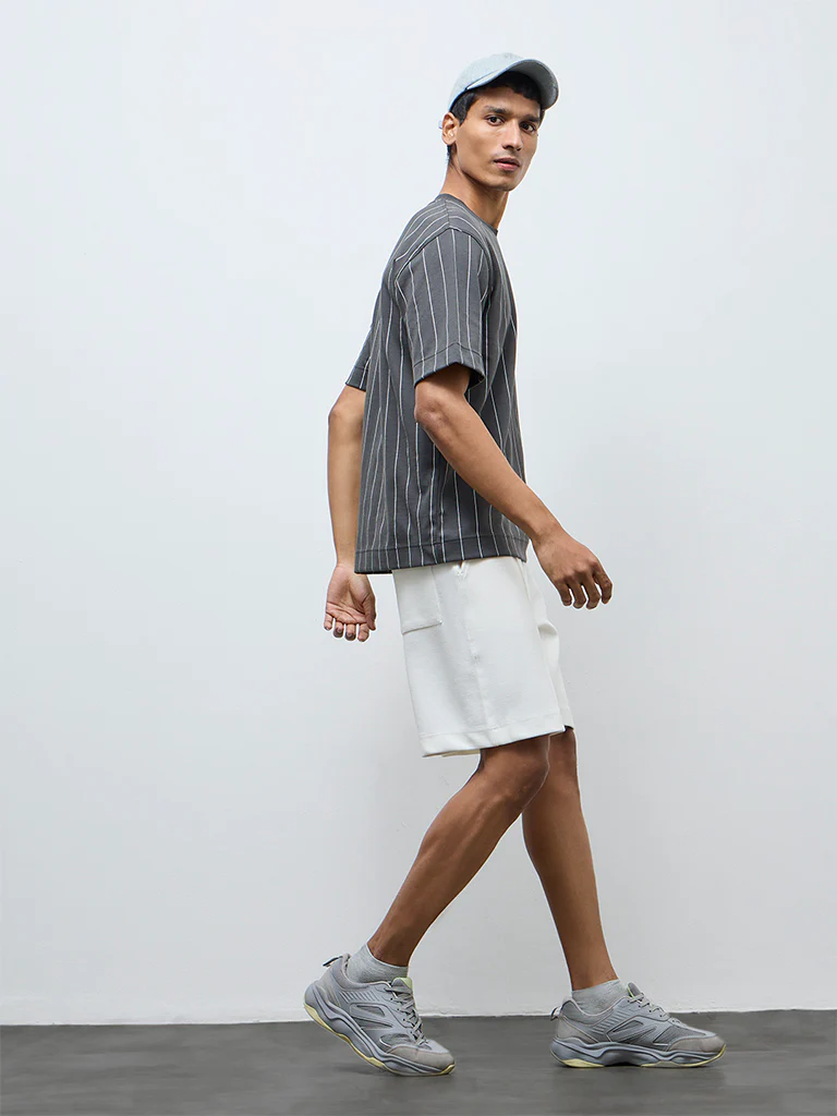 Studiofit Dark Grey Striped Relaxed-Fit Cotton-Blend T-Shirt