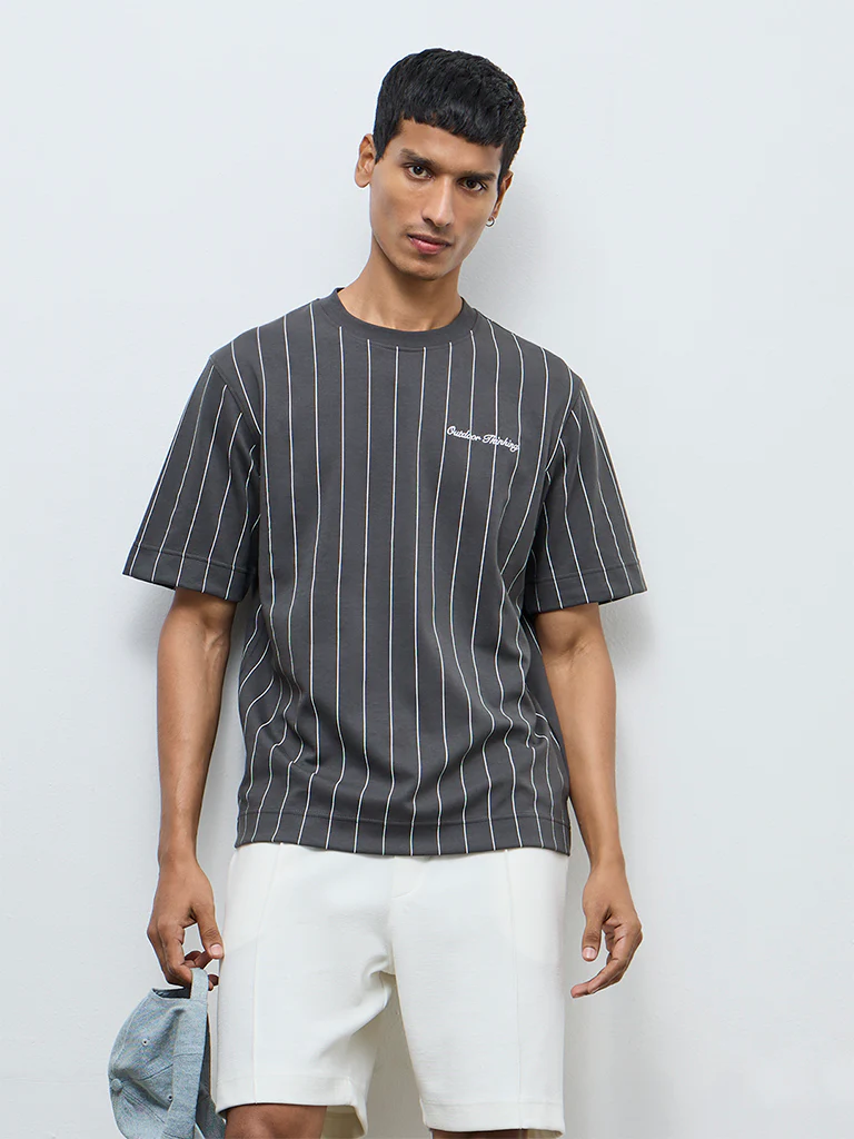Studiofit Dark Grey Striped Relaxed-Fit Cotton-Blend T-Shirt - Image 3