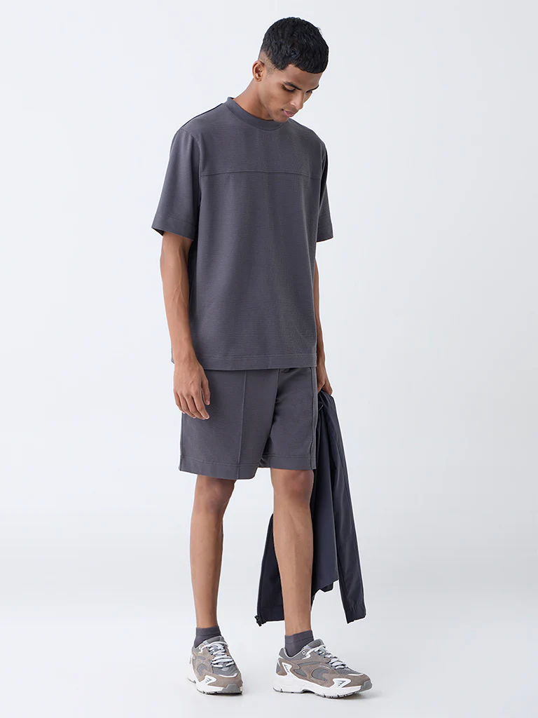 Studiofit Dark Grey Textured Relaxed-Fit Mid-Rise Cotton-Blend Shorts