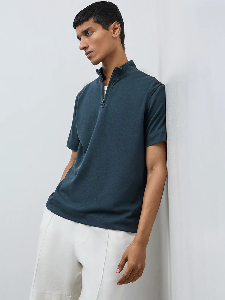 Studiofit Dark Teal Quarter-Zip Relaxed-Fit Cotton-Blend T-Shirt