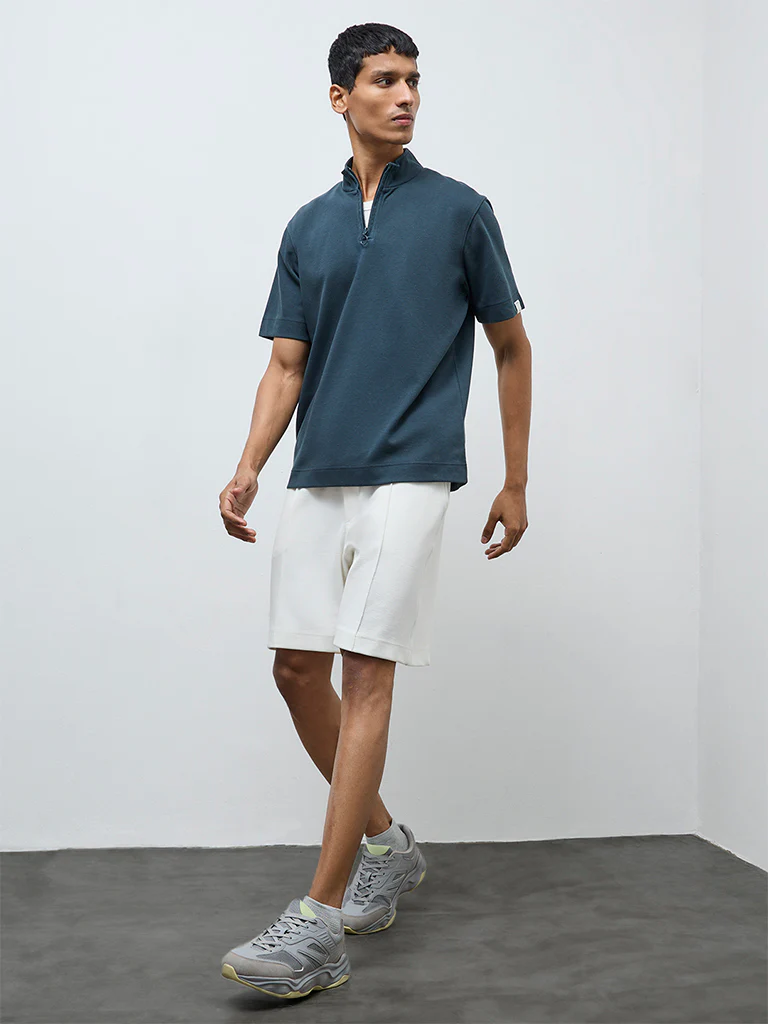 Studiofit Dark Teal Quarter-Zip Relaxed-Fit Cotton-Blend T-Shirt - Image 2
