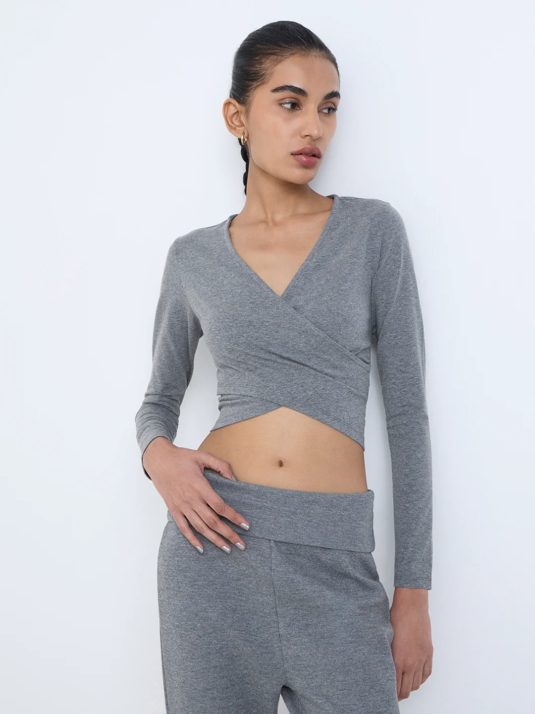 Studiofit Grey Criss-Cross Detailed Cotton-Blend T-Shirt