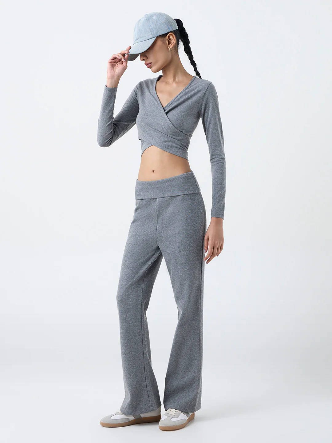 Studiofit Grey Criss-Cross Detailed Cotton-Blend T-Shirt - Image 2