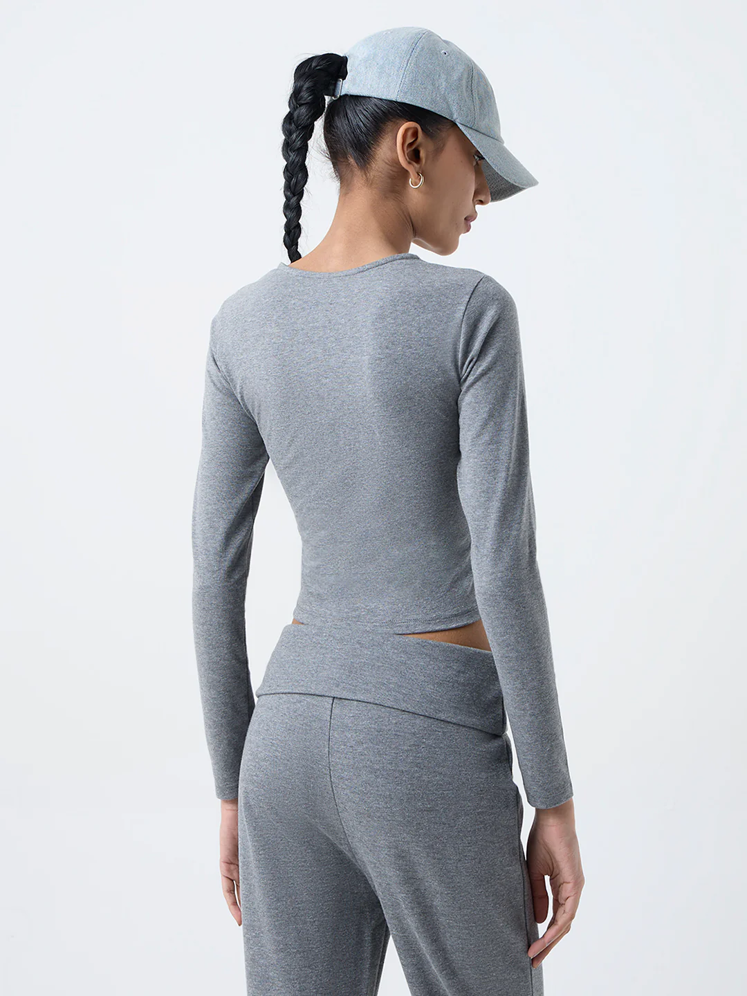 Studiofit Grey Criss-Cross Detailed Cotton-Blend T-Shirt - Image 4