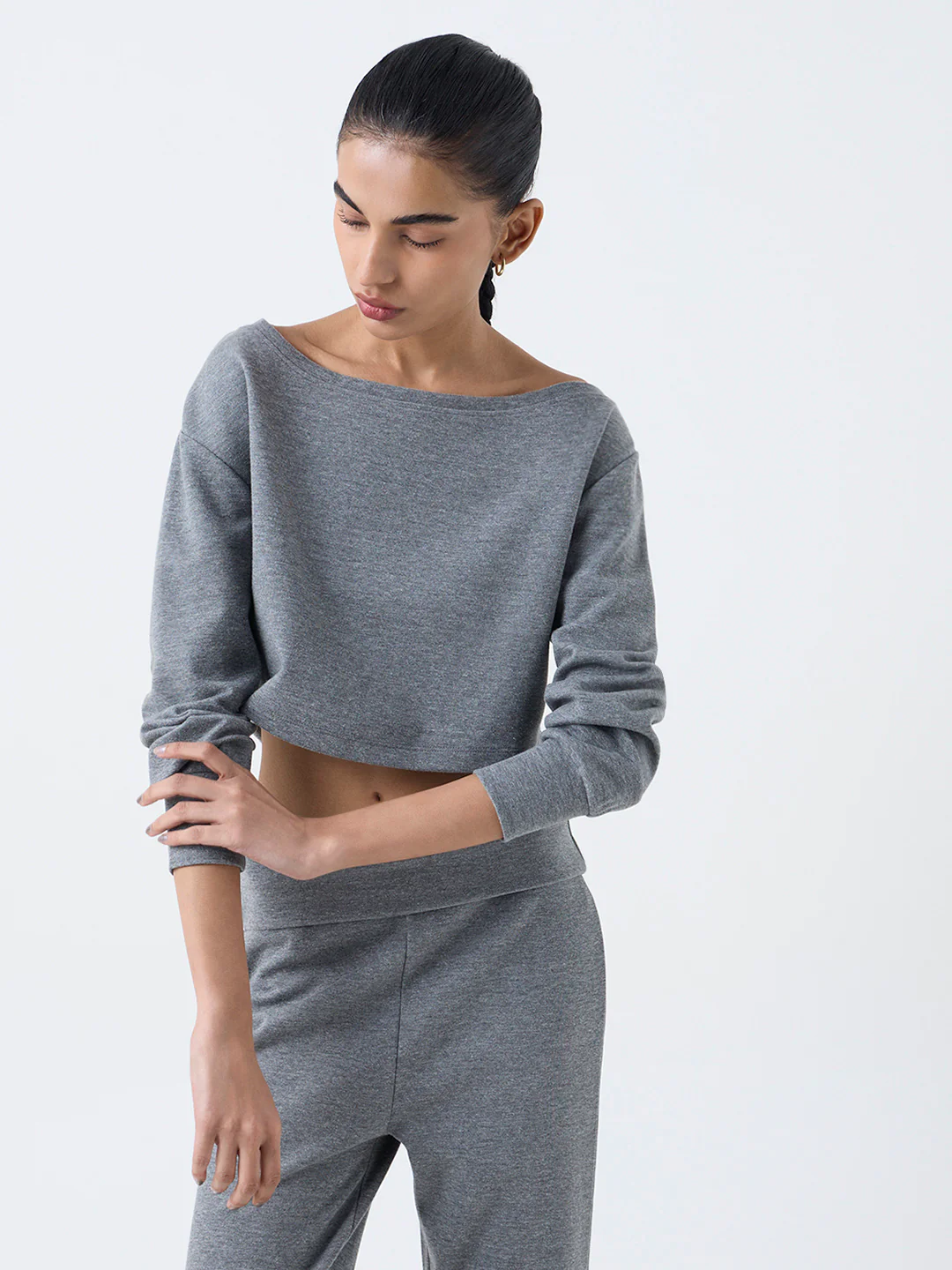 Studiofit Grey Solid Cotton-Blend T-Shirt
