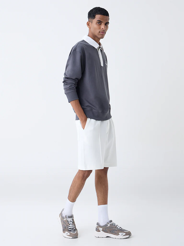 Studiofit Grey Text Detailed Relaxed-Fit Polo T-Shirt - Image 2