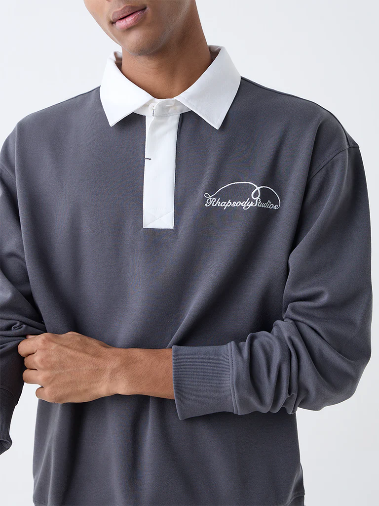 Studiofit Grey Text Detailed Relaxed-Fit Polo T-Shirt - Image 3