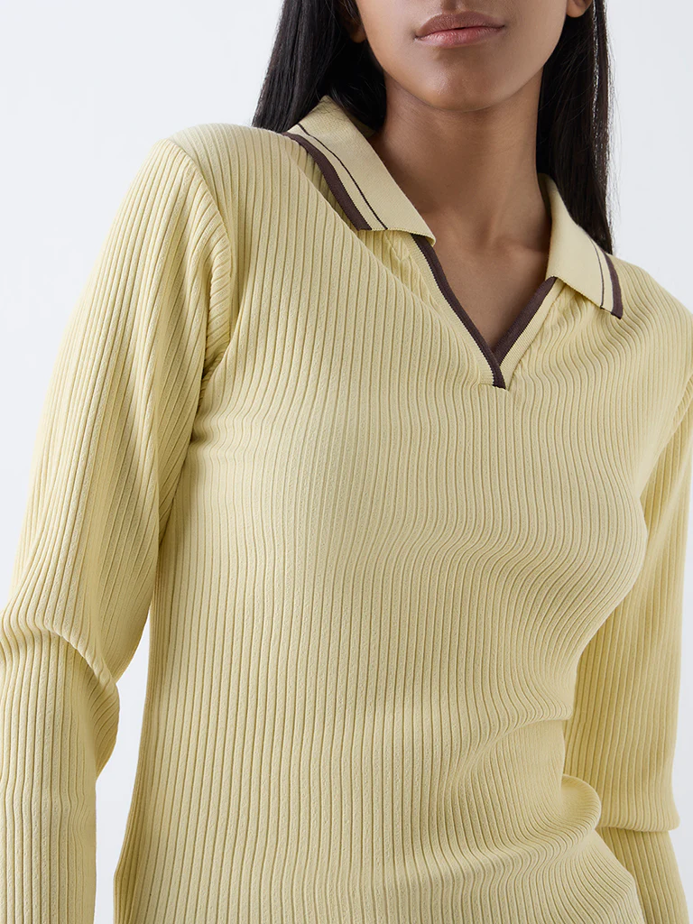 Studiofit Light Yellow Ribbed Cotton-Blend T-Shirt - Image 3