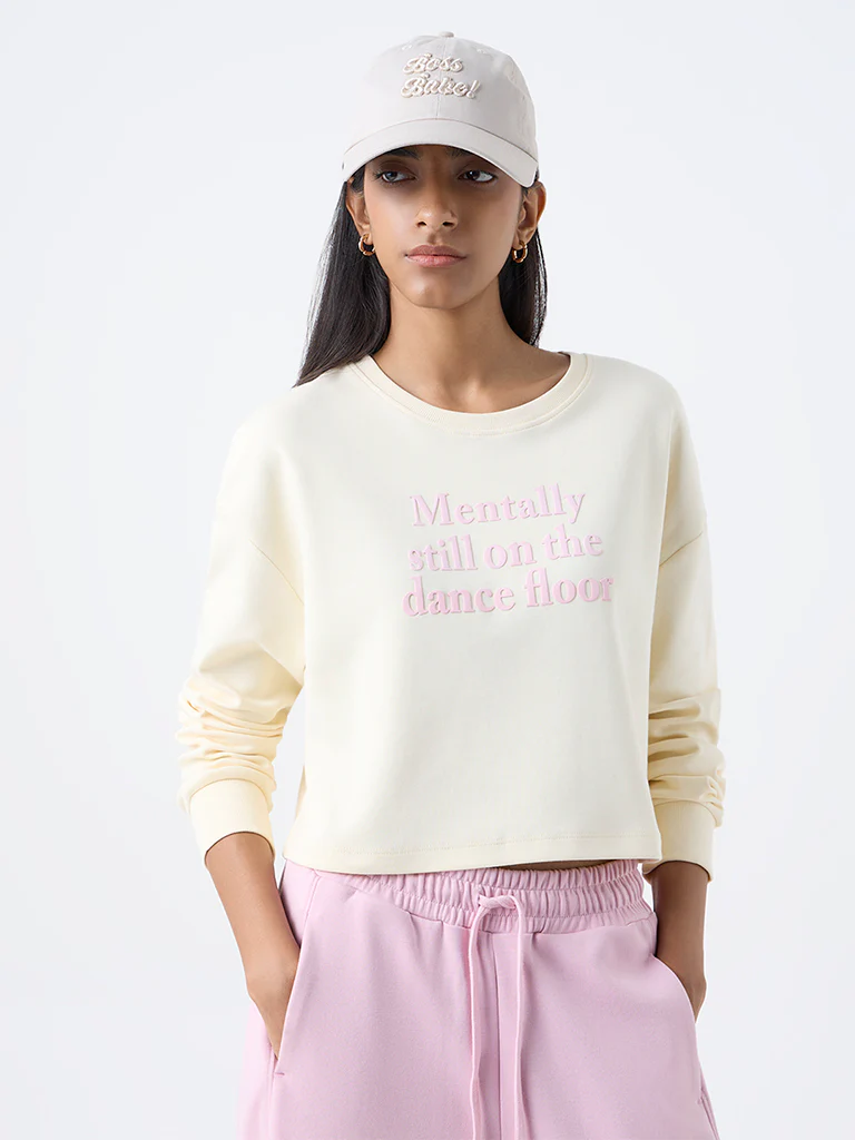 Studiofit Light Yellow Text Detailed Cotton T-Shirt
