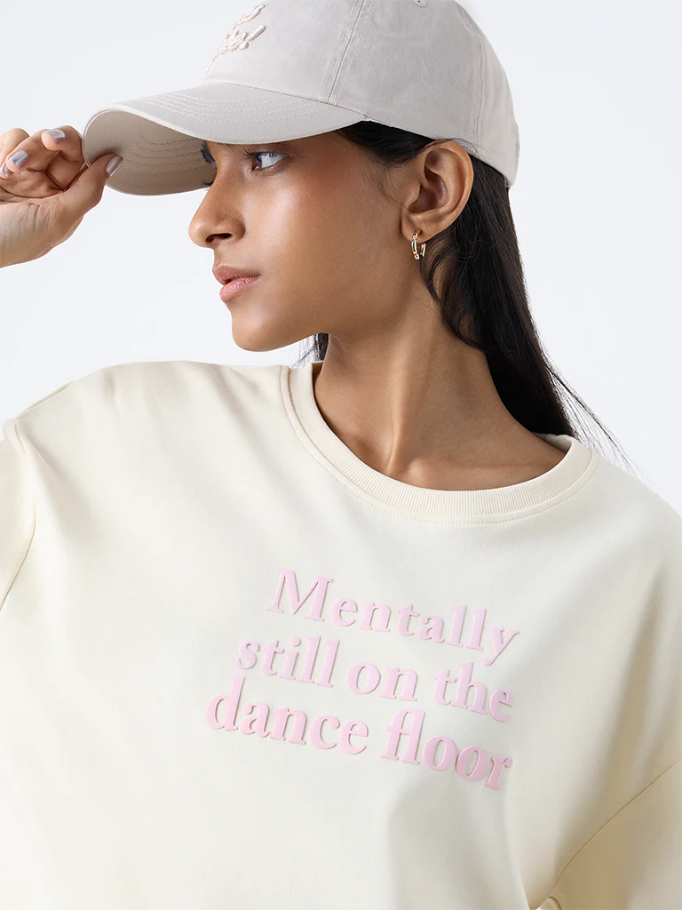 Studiofit Light Yellow Text Detailed Cotton T-Shirt - Image 3