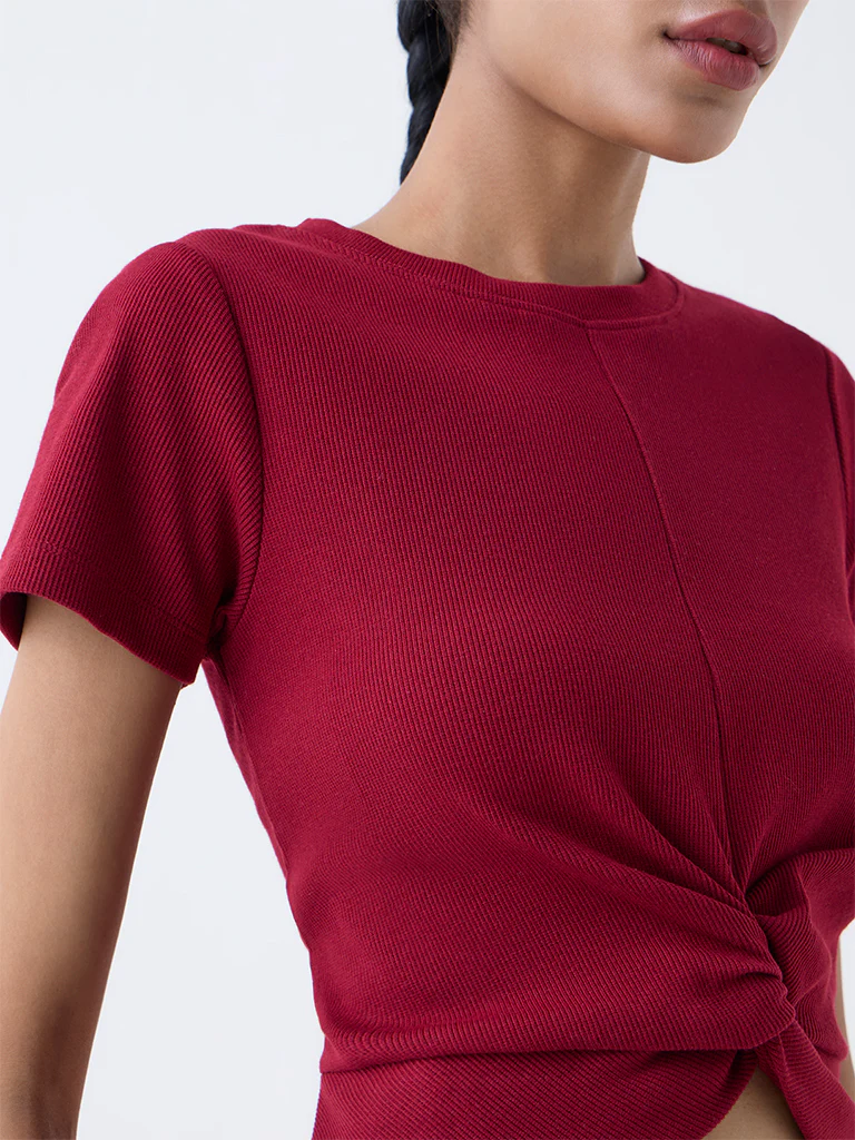 Studiofit Maroon Knot-Detailed Cotton-Blend T-Shirt - Image 3