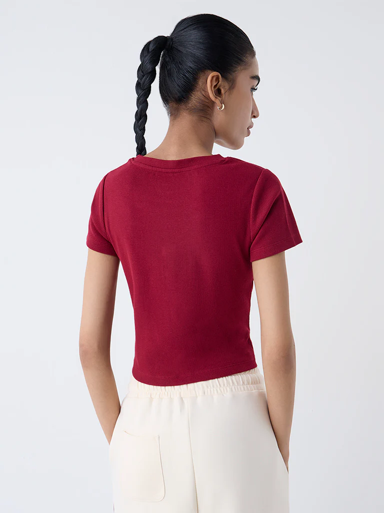 Studiofit Maroon Knot-Detailed Cotton-Blend T-Shirt - Image 4