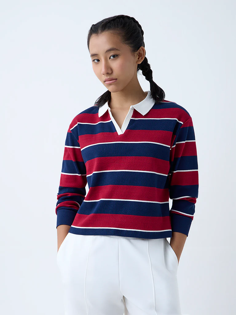 Studiofit Maroon Stripe Cotton-Blend T-Shirt