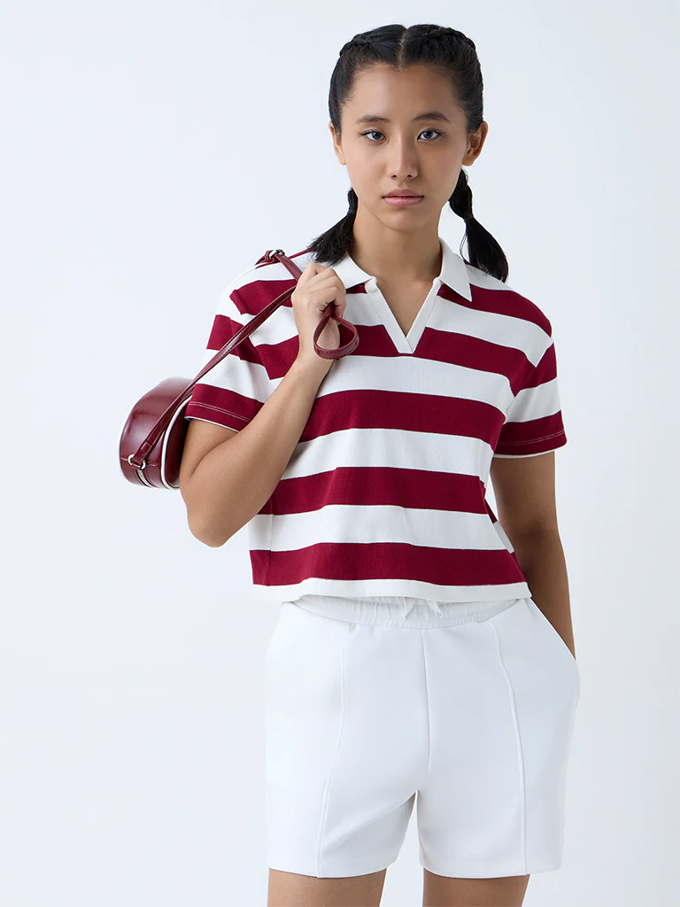 Studiofit Maroon Striped Cotton-Blend Polo T-Shirt