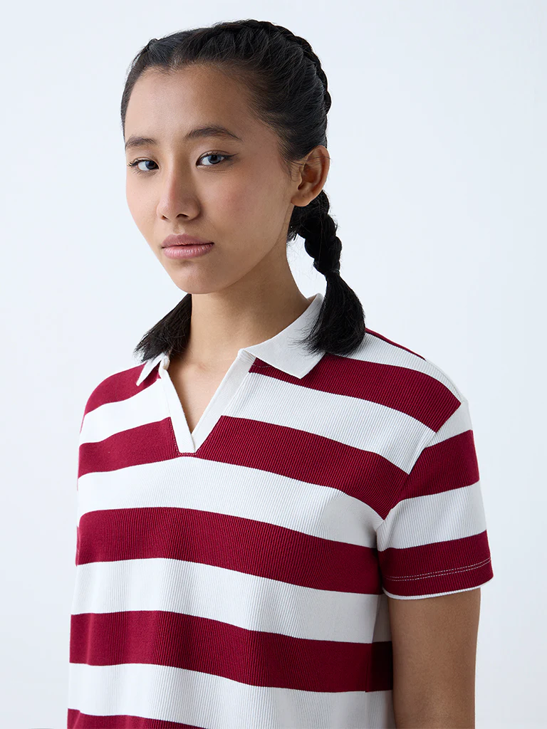 Studiofit Maroon Striped Cotton-Blend Polo T-Shirt - Image 3