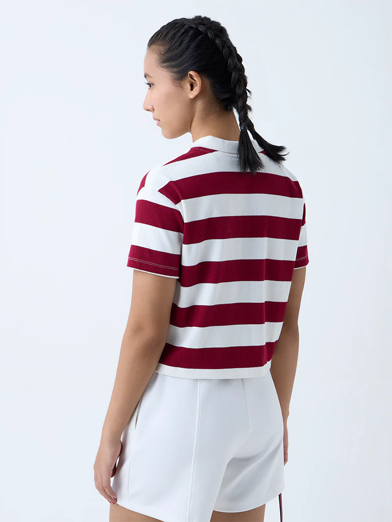Studiofit Maroon Striped Cotton-Blend Polo T-Shirt - Image 4