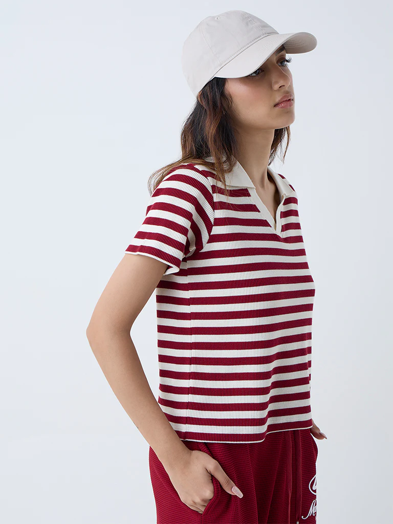 Studiofit Maroon Striped Cotton-Blend T-Shirt - Image 2