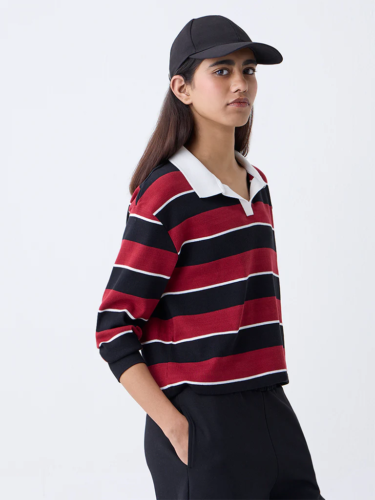 Studiofit Maroon Striped Cotton-Blend T-Shirt - Image 2