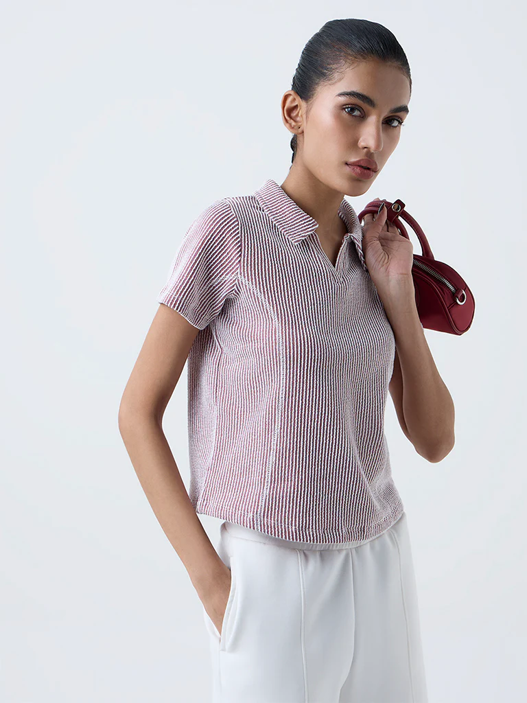 Studiofit Maroon Striped Cotton-Blend T-Shirt