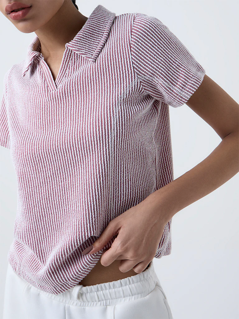 Studiofit Maroon Striped Cotton-Blend T-Shirt - Image 3