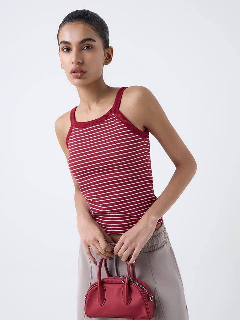 Studiofit Maroon Striped Cotton-Blend Tank Top - Image 2