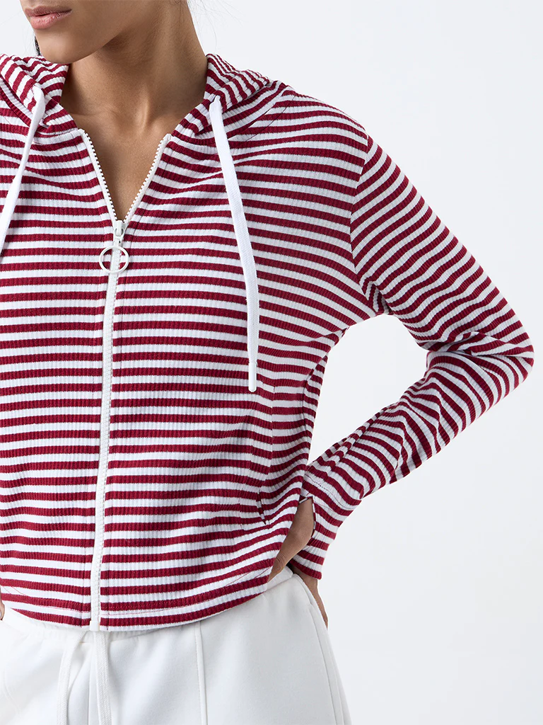 Studiofit Maroon Striped Hooded Jacket - Image 3