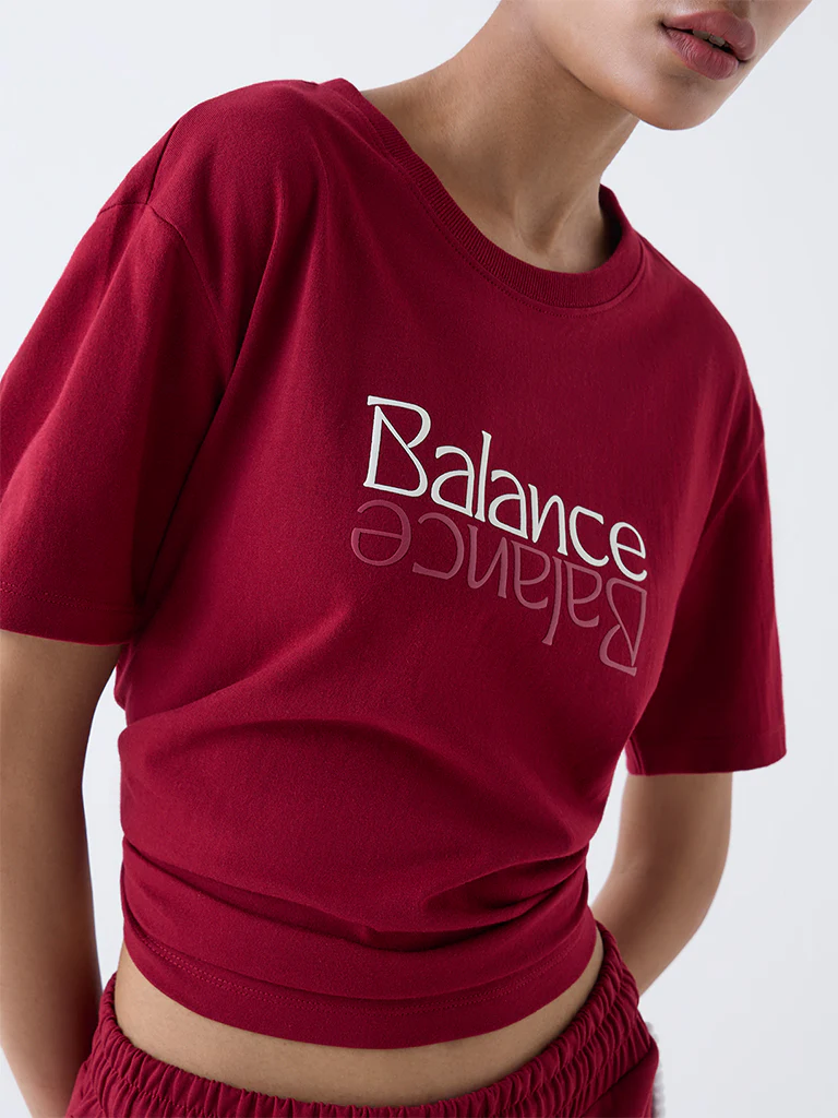 Studiofit Maroon Text Pattern Cotton T-Shirt - Image 3