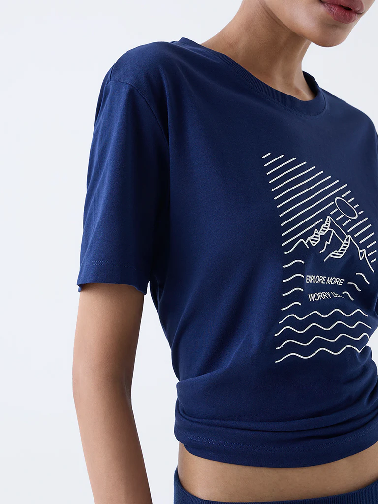 Studiofit Navy Graphic Printed Cotton T-Shirt - Image 3