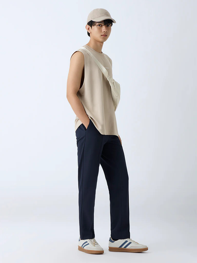 Studiofit Navy Solid Relaxed-Fit Mid-Rise Cotton Pants