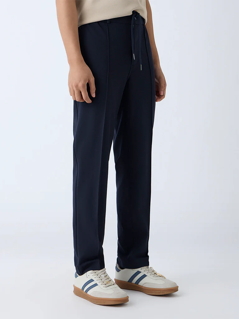 Studiofit Navy Solid Relaxed-Fit Mid-Rise Cotton Pants - Image 3