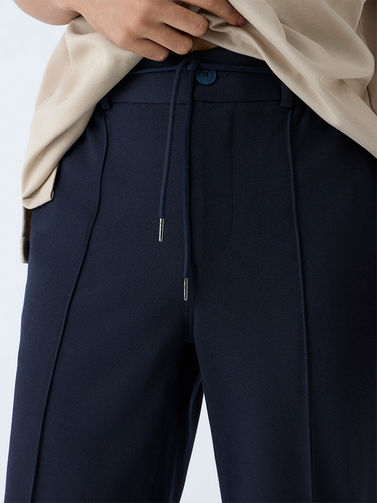 Studiofit Navy Solid Relaxed-Fit Mid-Rise Cotton Pants - Image 4