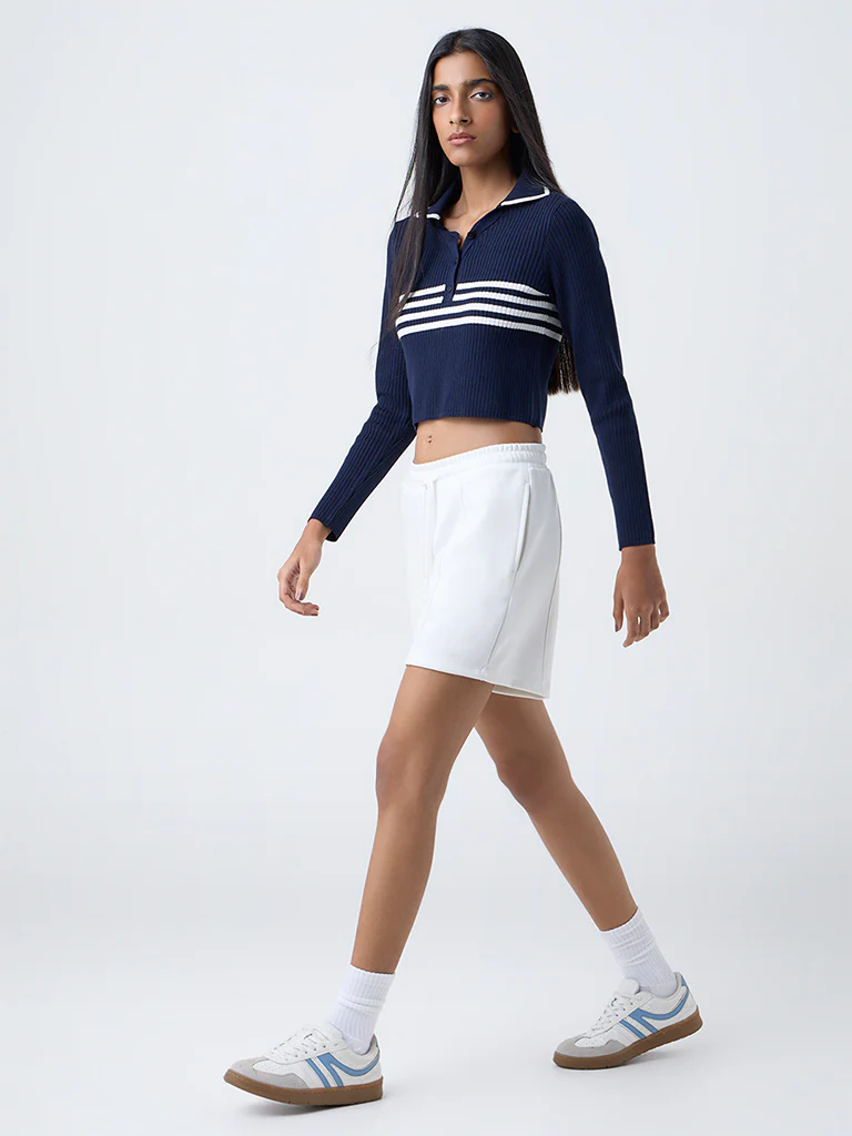 Studiofit Navy Stripe-Detailed Ribbed Top