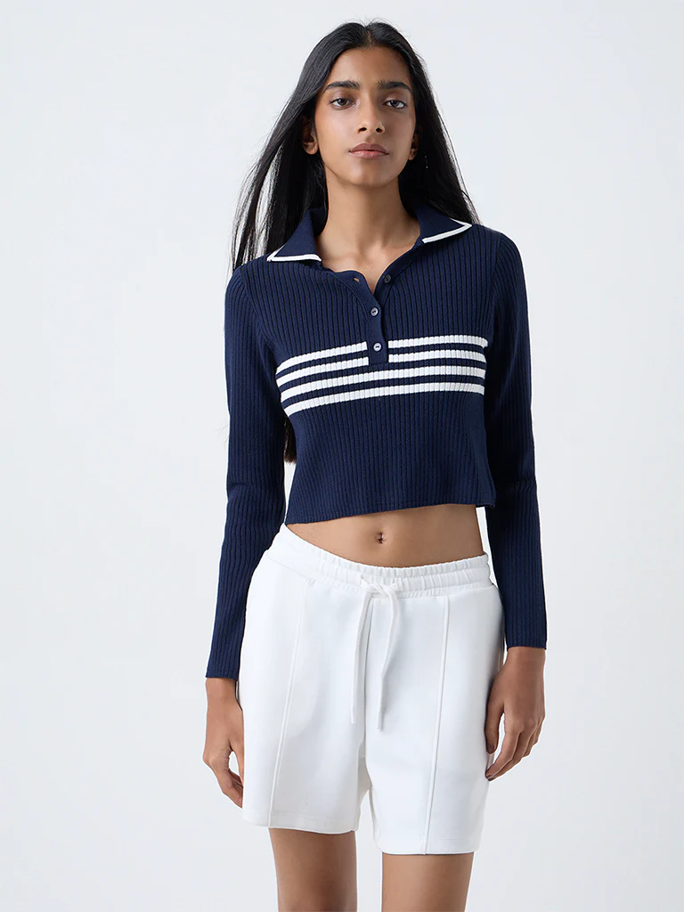 Studiofit Navy Stripe-Detailed Ribbed Top - Image 2