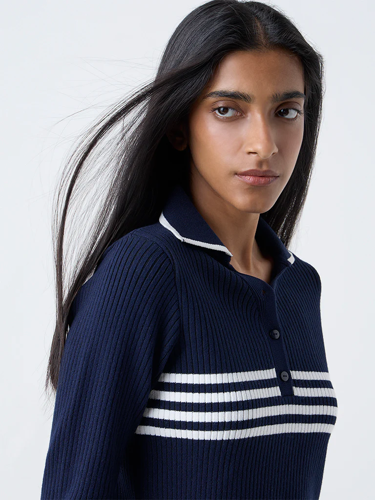 Studiofit Navy Stripe-Detailed Ribbed Top - Image 3