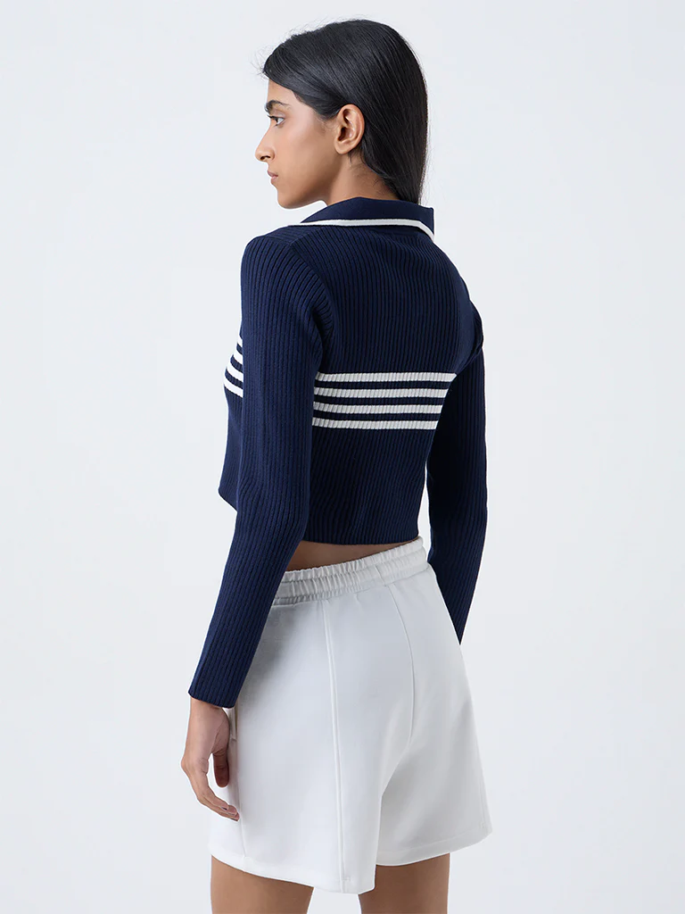 Studiofit Navy Stripe-Detailed Ribbed Top - Image 4