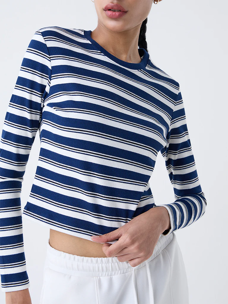 Studiofit Navy Striped Cotton-Blend T-Shirt - Image 3