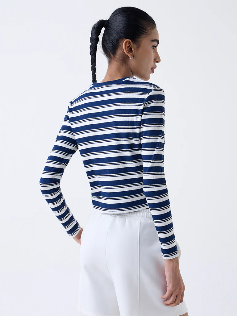Studiofit Navy Striped Cotton-Blend T-Shirt - Image 4