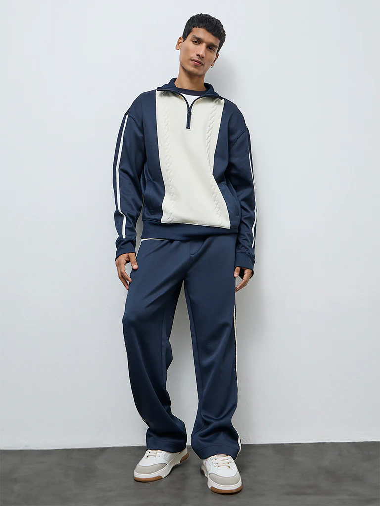 Studiofit Navy Striped Detailed Relaxed-Fit Mid-Rise Track Pants