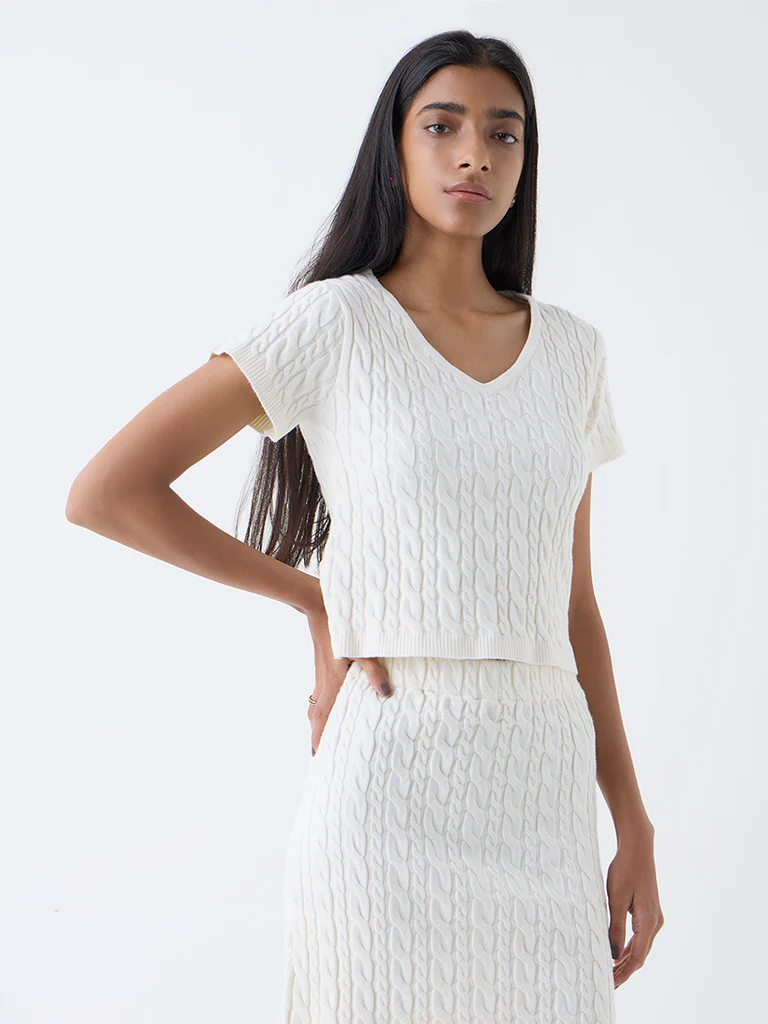 Studiofit Off-White Cable Knitted Top