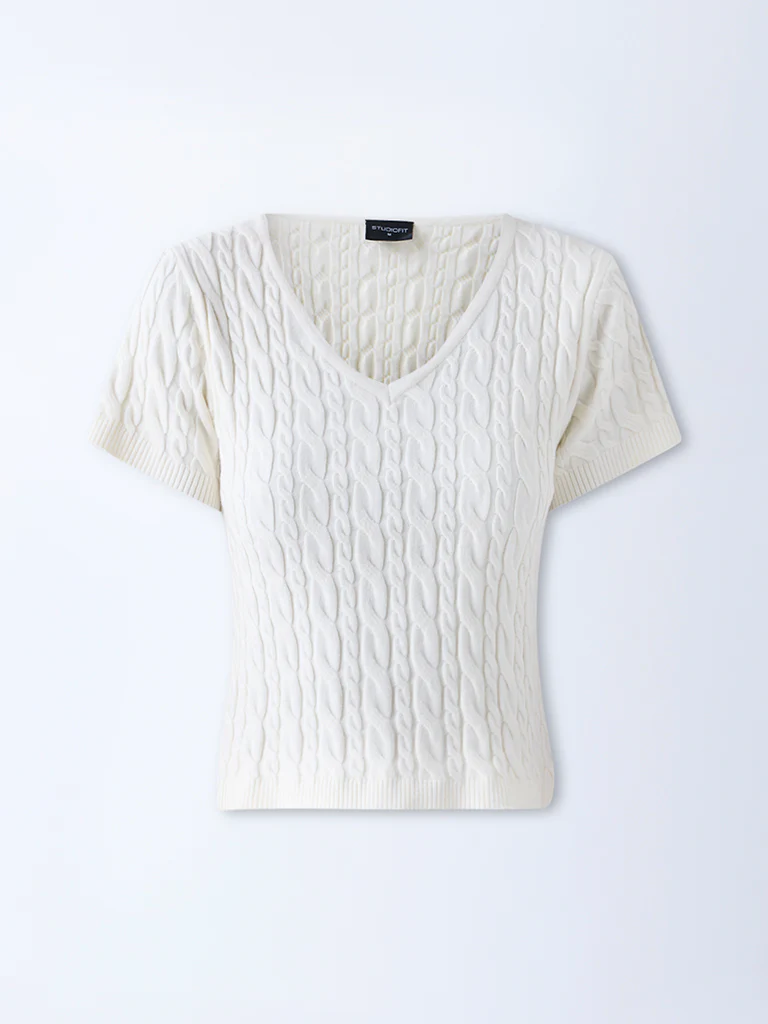 Studiofit Off-White Cable Knitted Top - Image 5