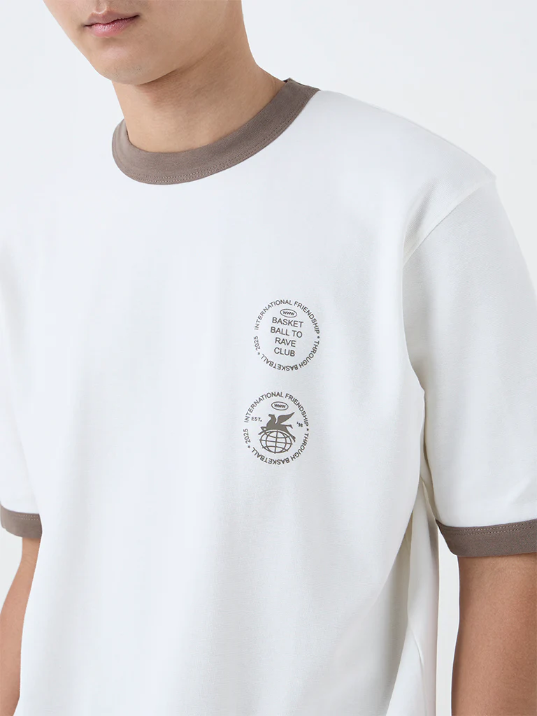 Studiofit Off-White Printed Relaxed-Fit Cotton-Blend T-Shirt - Image 3