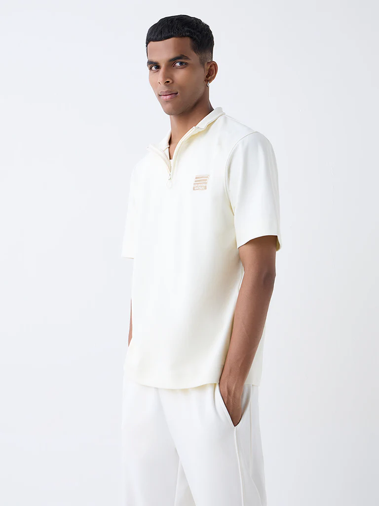 Studiofit Off-White Quarter-Zip Relaxed-Fit Cotton-Blend T-Shirt - Image 3