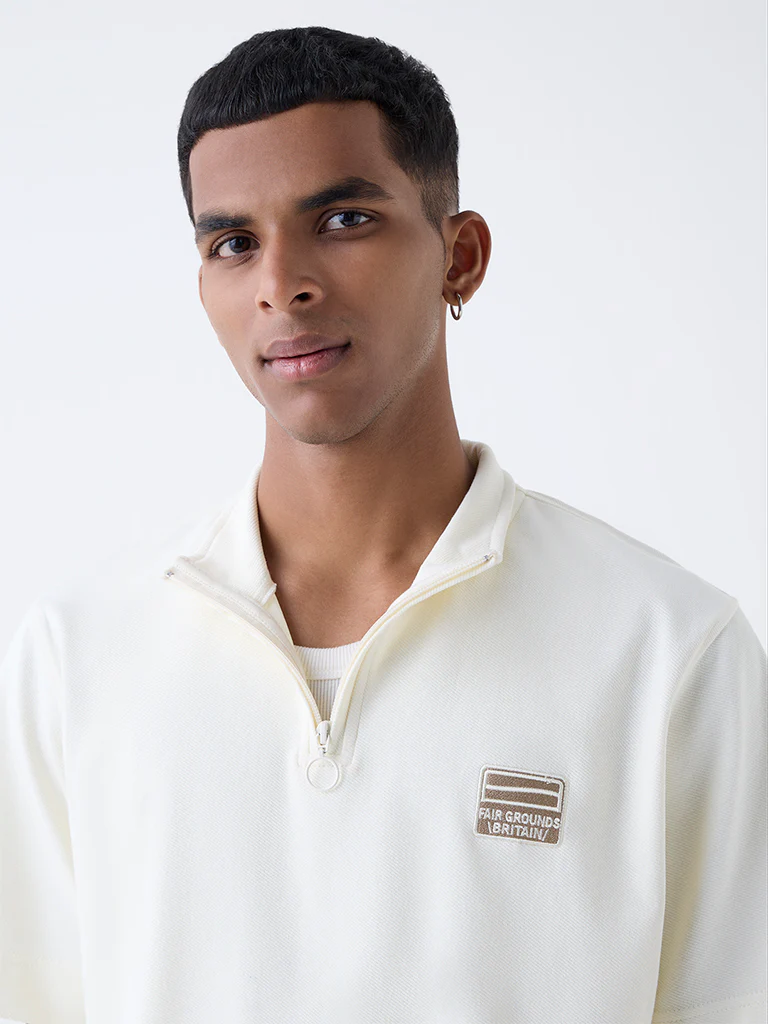 Studiofit Off-White Quarter-Zip Relaxed-Fit Cotton-Blend T-Shirt - Image 4