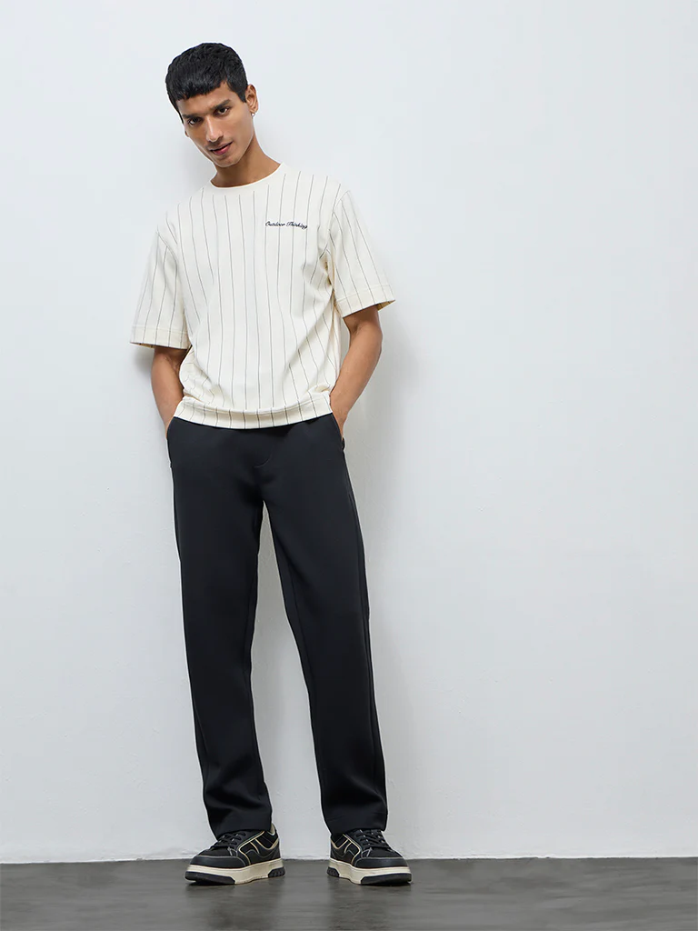 Studiofit Off-White Striped Pattern Relaxed-Fit Cotton-Blend T-Shirt